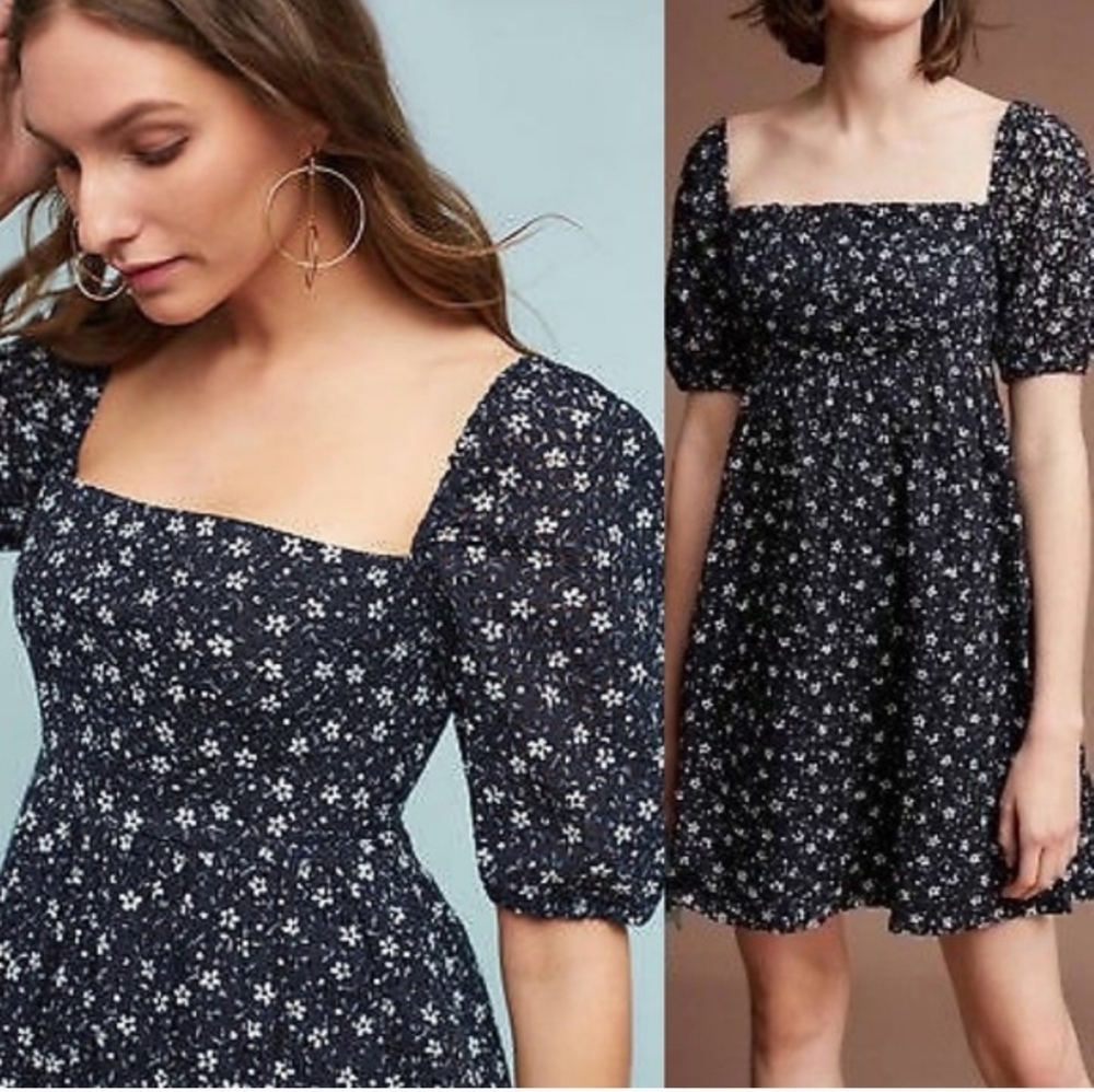 Maeve Anthropologie Black Floral Puff Sleeve Square Neck Dress – Size 4